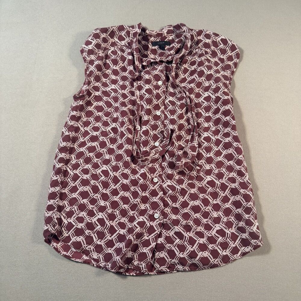 J CREW - Burgundy White 100% Silk Womens Tie Neck Sz. 0